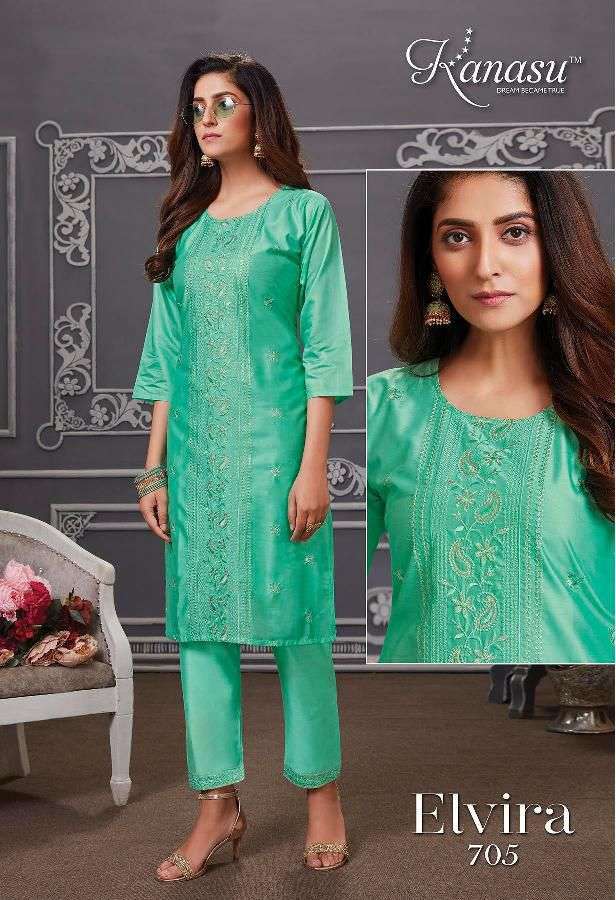 ELVIRA SERIES 701 TO 708 KURTI BY KANASU DESIGNER CHANDERI SILK KURTIS ARE AVAILABLE AT WHOLESALE PRICE
